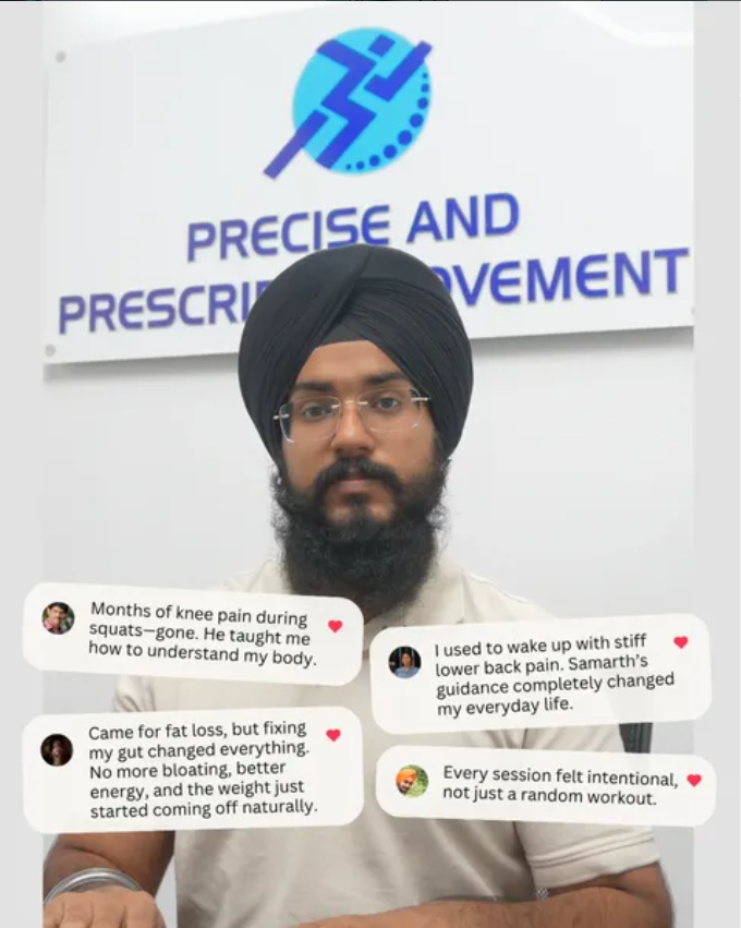 Coach Samarth with client feedback from Precise and Prescribed Movement